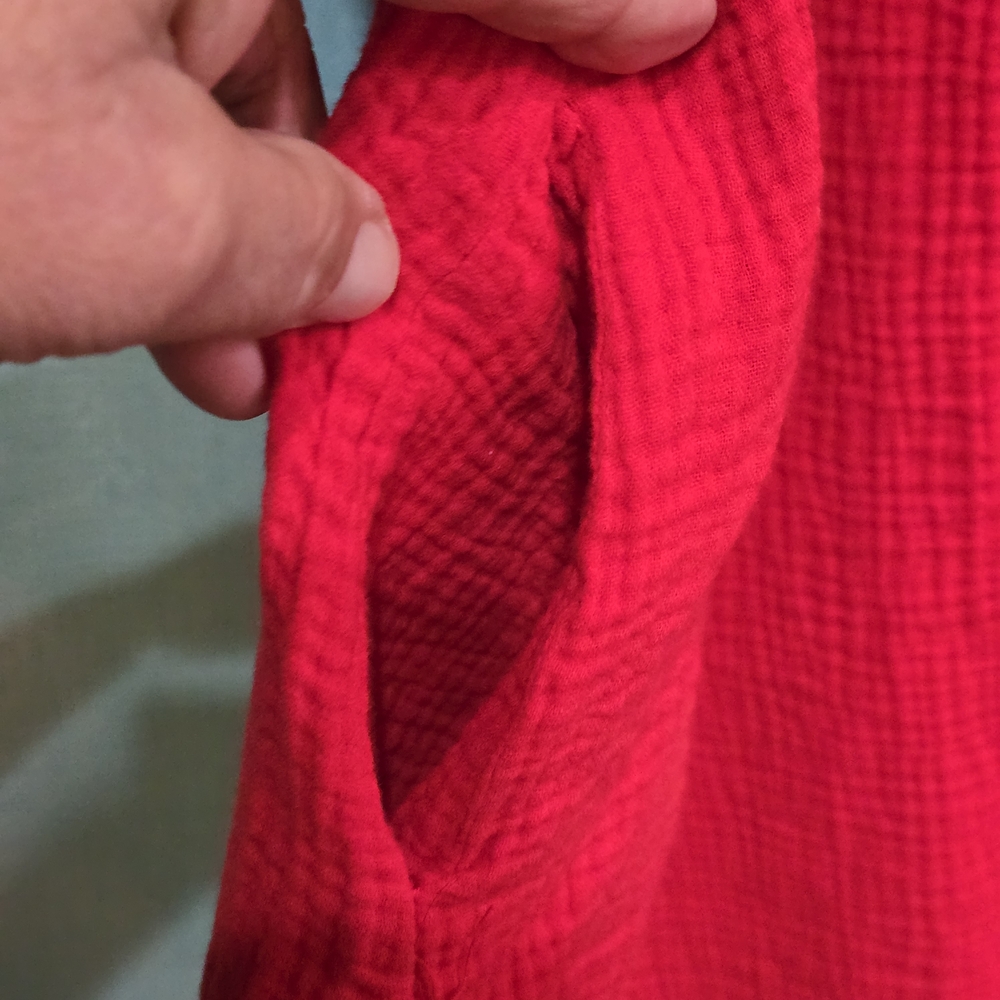 See and Be Seen Red Dress W/Embroidered Colorful Flowers W/Pockets EUC - Picture 10 of 10
